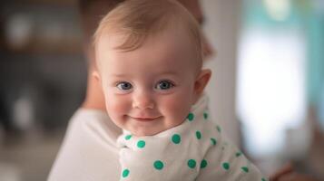 The joyful baby smiling brightly while being held by a parent. photo