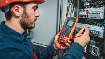 The electrician testing circuits with a multimeter in an industrial setting. photo