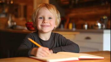 The joyful child writing in a notebook at a cozy wooden table. photo