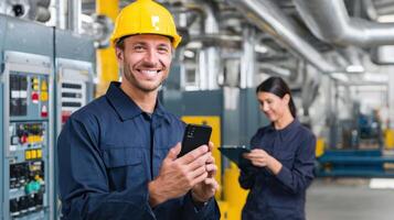 The smiling worker using a smartphone in an industrial setting with a colleague. photo
