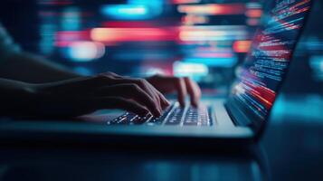 The focused hands typing on a laptop with vibrant digital data streams. photo