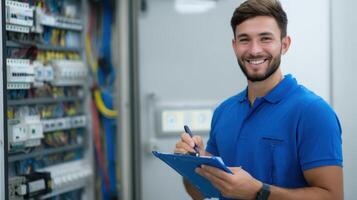 The technician analyzing electrical systems with a confident smile and clipboard. photo