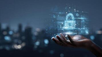 The hand displaying a digital lock symbol representing cybersecurity and data protection. photo