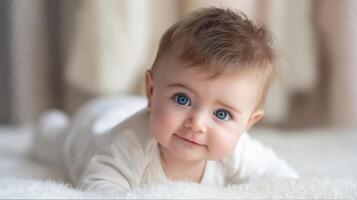 The adorable baby with bright blue eyes and a joyful expression on a cozy blanket photo