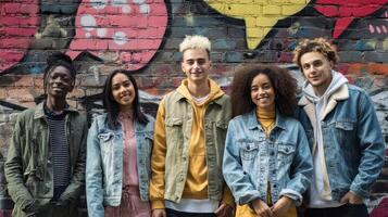 The group of diverse friends posing in front of colorful urban graffiti backdrop. photo