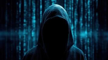 The mysterious figure cloaked in darkness against a digital backdrop. photo