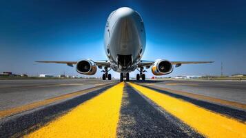The airplane preparing for takeoff on a bright sunny runway. photo