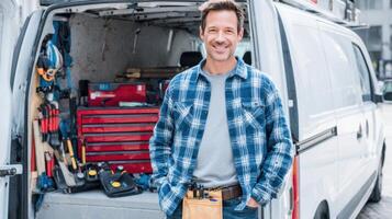 The smiling handyman with tools in a van ready for work. photo