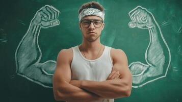 The confident young man showcasing strength against a chalkboard background. photo