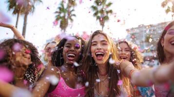 The joyful celebration of friendship amid colorful confetti and vibrant summer vibes. photo