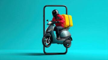 The dynamic delivery rider on a scooter with a smartphone backdrop photo