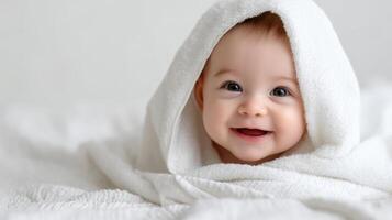 The smiling baby wrapped in a cozy white blanket radiating joy. photo