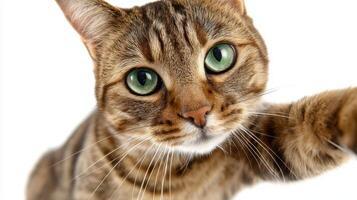 The curious cat reaching out with its paw while looking directly at the camera. photo