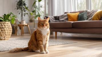 The orange cat sitting gracefully in a cozy and vibrant living room. photo