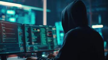 The hacker working in a dark environment with multiple screens. photo