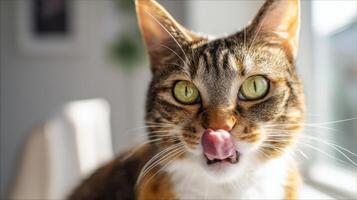 The cat playfully licks its nose in a sunlit room. photo