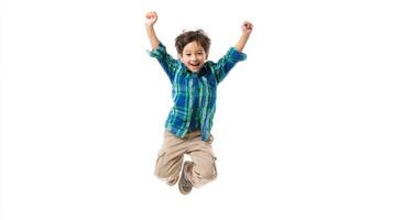 The joyful boy jumping with excitement and energy in playful expression. photo