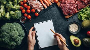 The vibrant ingredients and blank notebook for meal planning and recipe creation. photo