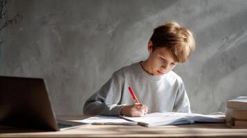 The boy concentrating on homework with a pencil and notebook at a desk. photo