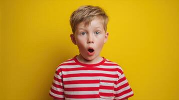 The surprised boy showing excitement against a vibrant yellow background. photo