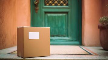 The package rests on the doorstep, awaiting to be opened. photo