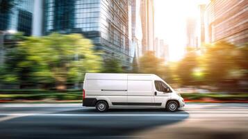 A white van is driving down the street in front of tall buildings photo