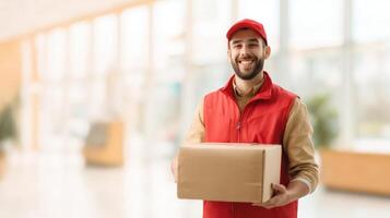 The cheerful delivery man holding a package in a bright indoor setting. photo