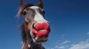 The horse with oversized red lips creates a whimsical and vibrant portrait. photo