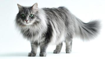 The striking beauty of a fluffy gray cat with captivating green eyes. photo