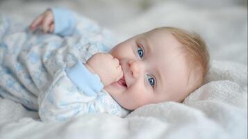 The adorable baby with blue eyes smiling on soft bedding. photo