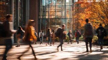 The bustling university campus in autumn showcasing students engaged in daily activities. photo