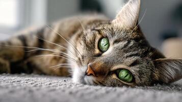 The adorable tabby cat relaxing with captivating green eyes on a soft surface. photo