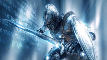 The armored knight wielding a sword in a digital futuristic landscape. photo