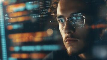 The young programmer immersed in a digital world of code and data. photo
