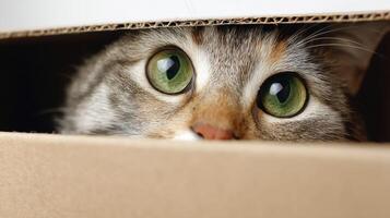 The curious cat peeking from inside a cardboard box with wide green eyes. photo