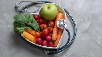 The healthy heart-shaped bowl filled with fresh vegetables and a stethoscope photo