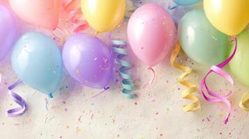 Many colorful balloons and ribbons on a white background photo