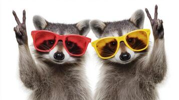 The playful raccoons wearing trendy sunglasses showing peace signs. photo