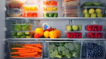 The vibrant refrigerator filled with fresh fruits and vegetables for healthy living. photo