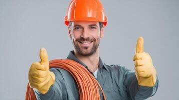 The confident electrician giving a thumbs-up in safety gear and smiling. photo