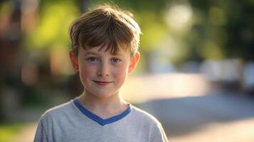 The joyful boy with a bright smile in a sunny outdoor setting. photo