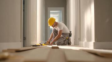 The carpenter skills expertly measure and install flooring in a bright hallway. photo