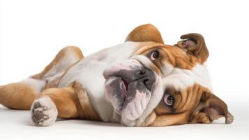 The adorable bulldog lounging comfortably with a charming expression. photo