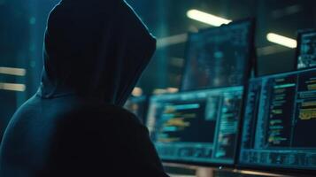 The mysterious hacker working diligently at multiple computer screens in a dark environment. photo