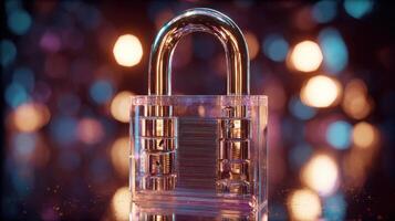 The transparent padlock glistening against a vibrant bokeh background. photo