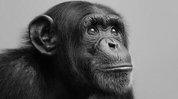The chimpanzee gazing thoughtfully in a captivating black-and-white portrait. photo