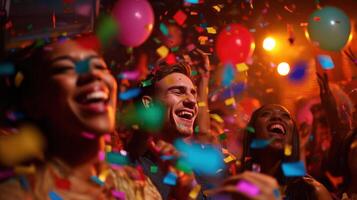 The joyous celebration of friends enjoying a vibrant festive party atmosphere. photo