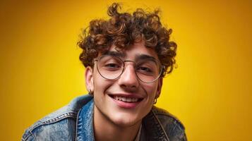 The young man with curly hair smiles brightly against a vibrant yellow background. photo