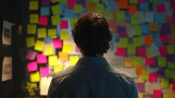 The Man Contemplating Ideas on a Colorful Sticky Note Wall photo