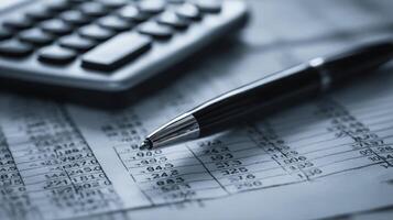 The calculator and pen resting on business documents for financial analysis. photo